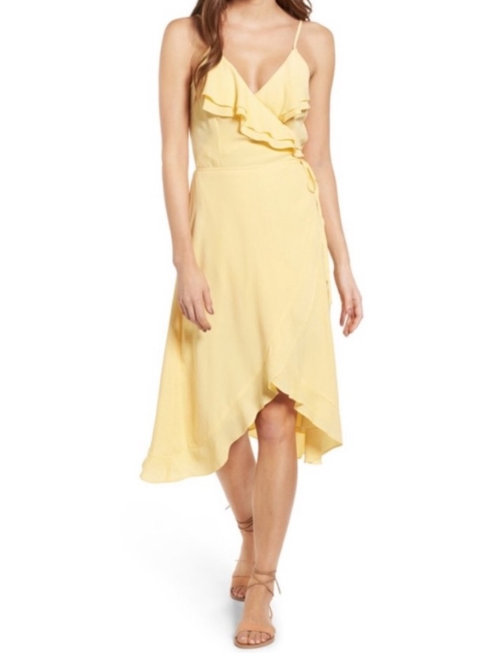 Leith | Butter Yellow Ruffle High Low Spaghetti Strap Wrap Dress Large Nordstrom